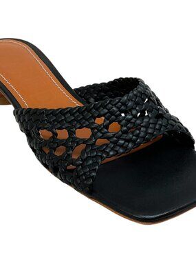 Staud Black Leather Crochet Simone Slide Sandals